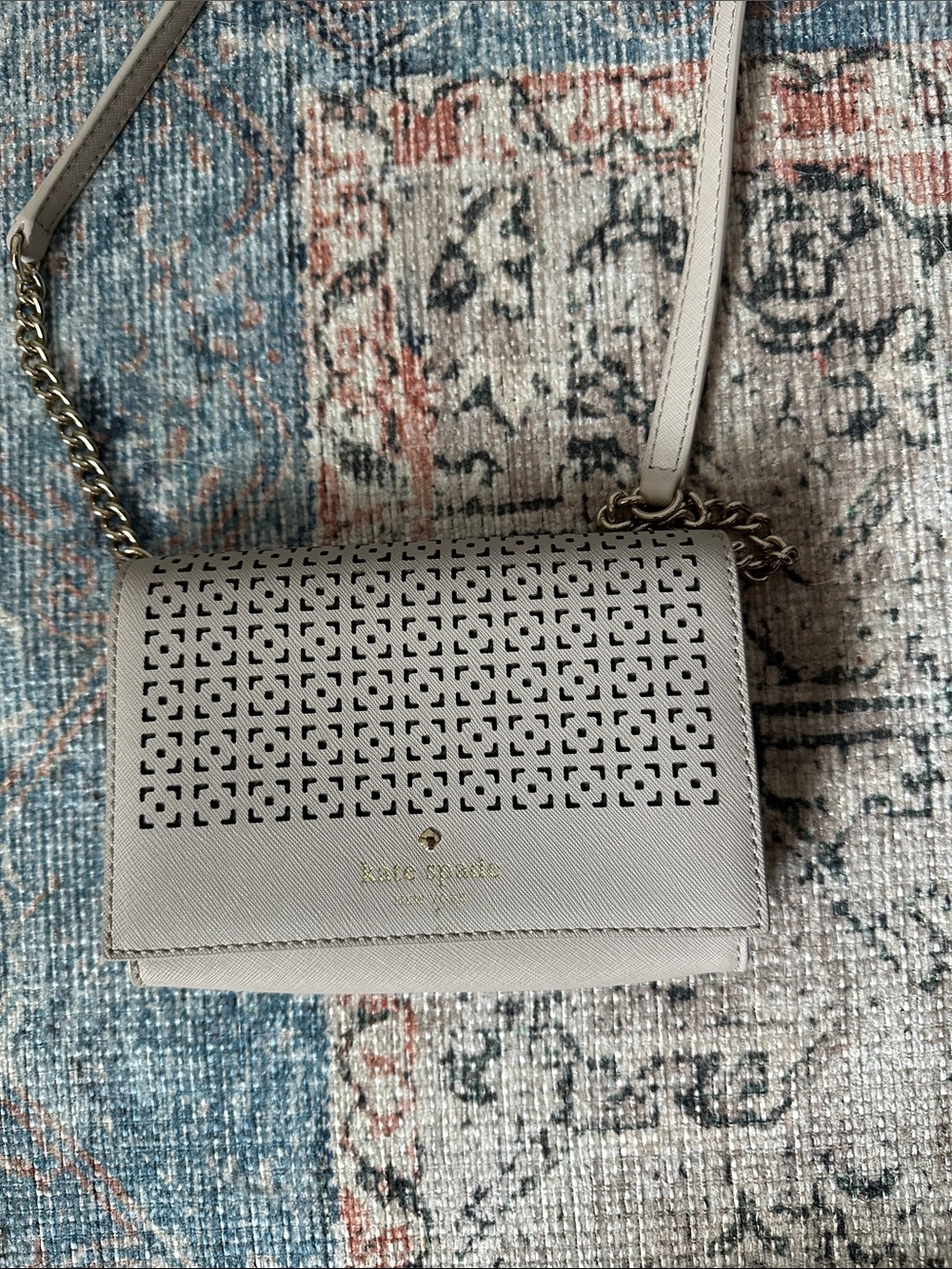 kate spade Cream Perforated Leather Crossbody with Gold Chain